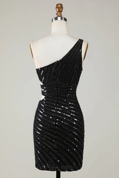 omberprom Short Homecoming Dress Sparkly Bodycon One Shoulder Black Sequins with Cut Out Graduation Dresses