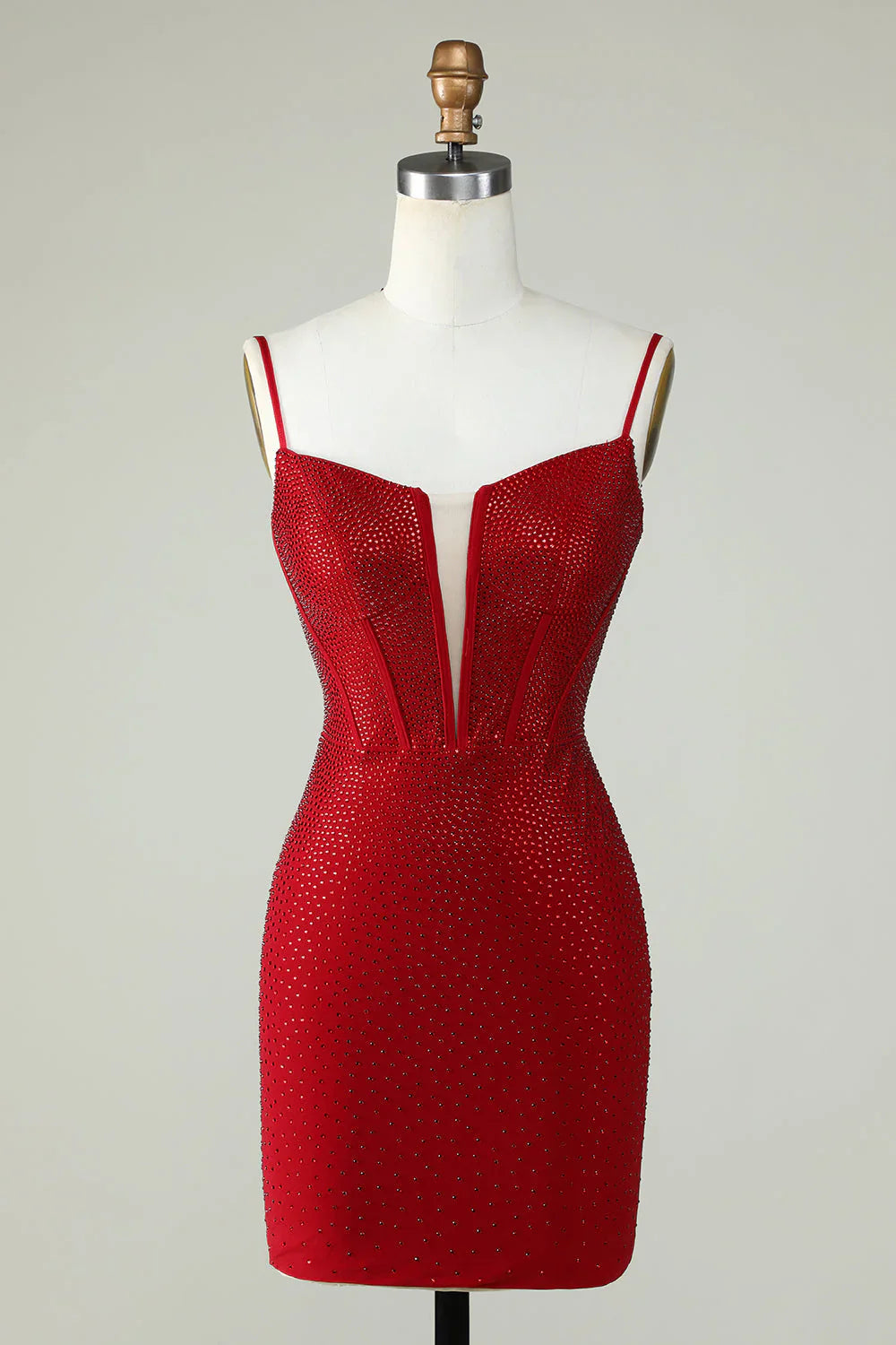 omberprom Sheath Spaghetti Straps Red Homecoming Dress with Beading Graduation Dresses