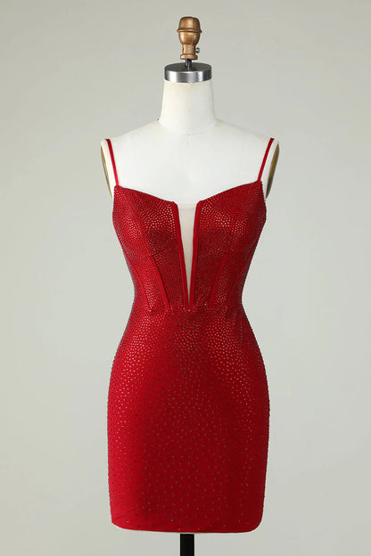 omberprom Sheath Spaghetti Straps Red Homecoming Dress with Beading Graduation Dresses