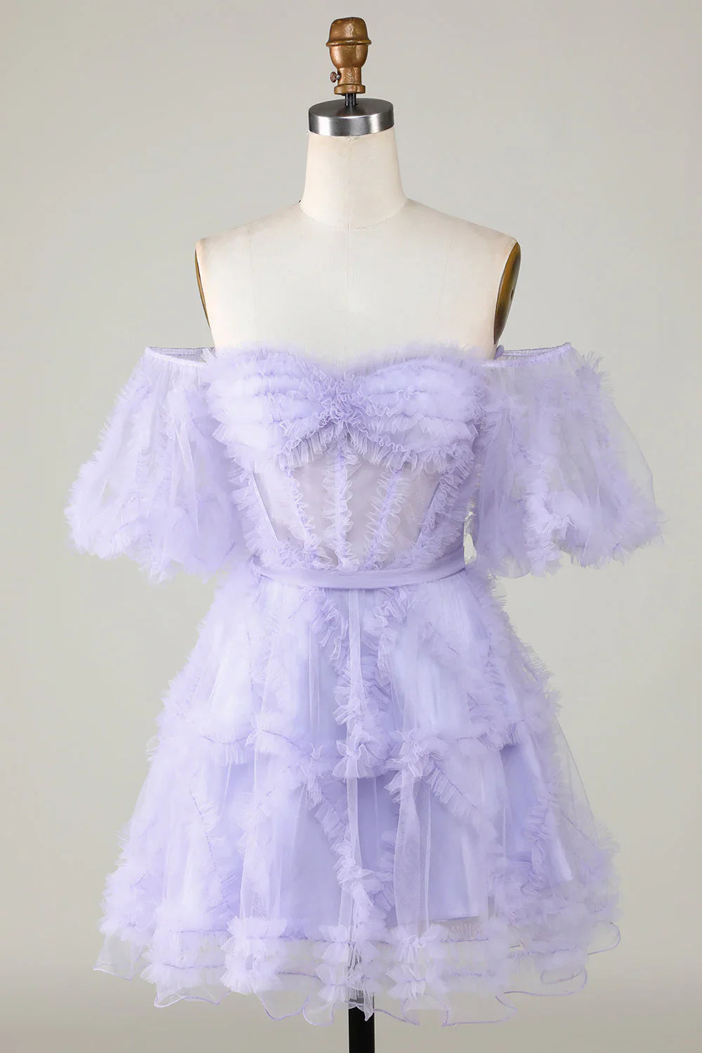 omberprom Homecoming Dress Purple Stylish A Line Off the Shoulder Tulle Corset Evening Dress