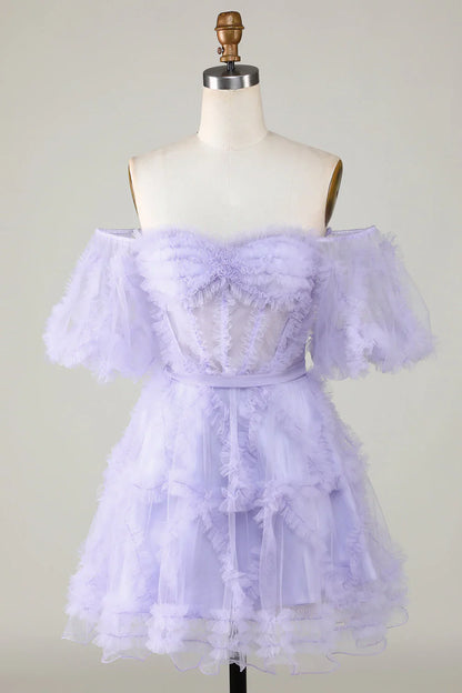 omberprom Homecoming Dress Purple Stylish A Line Off the Shoulder Tulle Corset Evening Dress