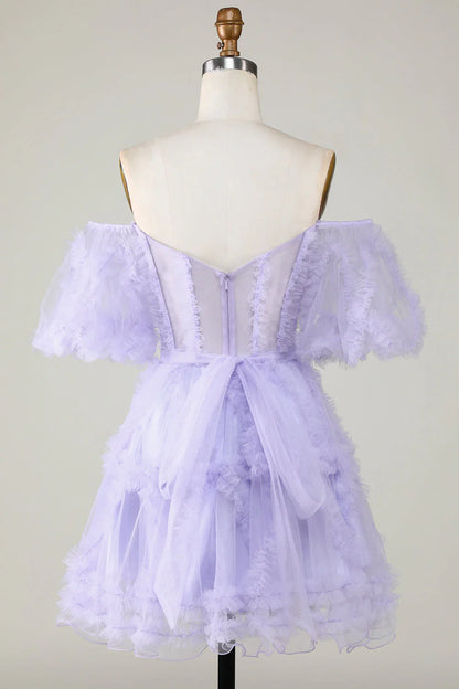 omberprom Homecoming Dress Purple Stylish A Line Off the Shoulder Tulle Corset Evening Dress