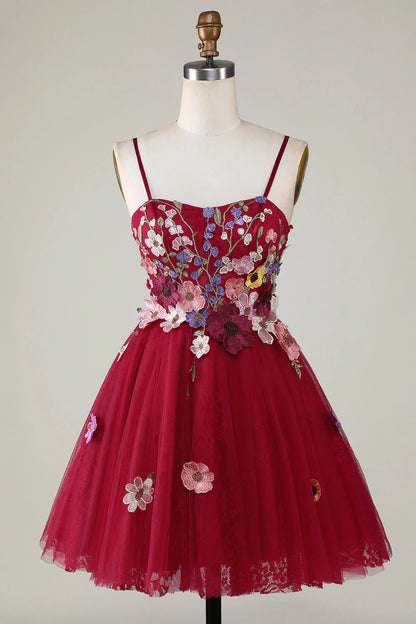 omberprom Lovely Short Homecoming Dress Gorgeous A Line Spaghetti Straps Back To School Dress with 3D Flowers