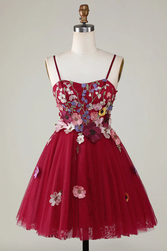 omberprom Lovely Short Homecoming Dress Gorgeous A Line Spaghetti Straps Back To School Dress with 3D Flowers