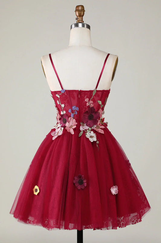 omberprom Lovely Short Homecoming Dress Gorgeous A Line Spaghetti Straps Back To School Dress with 3D Flowers