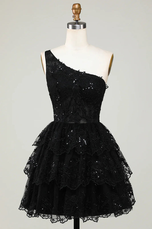 Gorgeous Black One-shoulder Appliques Tulle Design A-line Homecoming Dress TP3632