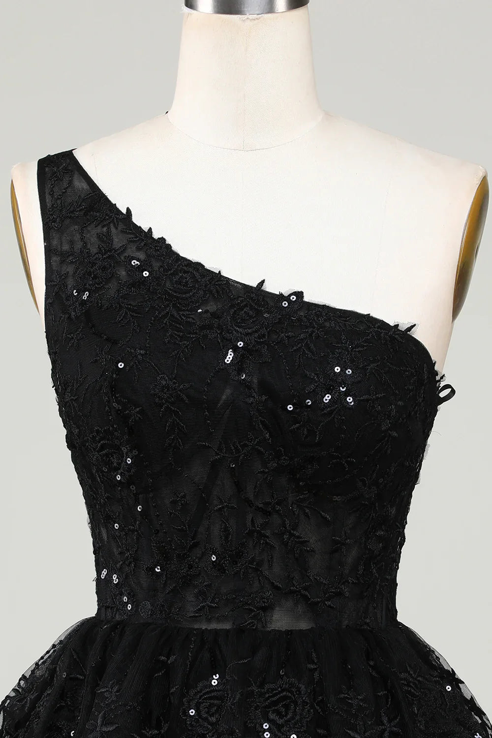 Gorgeous Black One-shoulder Appliques Tulle Design A-line Homecoming Dress TP3632