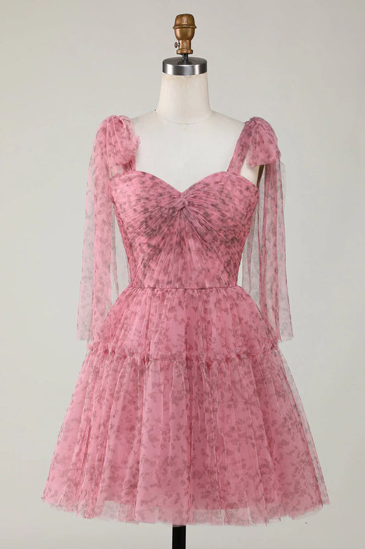 omberprom Blush A-Line Evening Dress PrintedShort Tulle Homecoming Dress