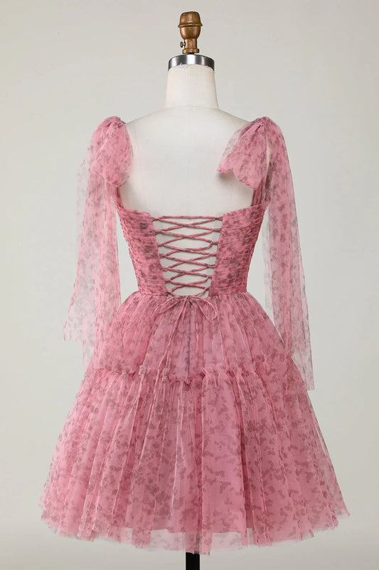 omberprom Blush A-Line Evening Dress PrintedShort Tulle Homecoming Dress