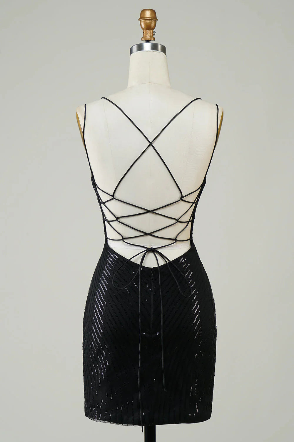 Charming Black Sequin Butterfly Pattern Design A-line Lace-up Spaghetti Strap Homecoming Dress TP3631