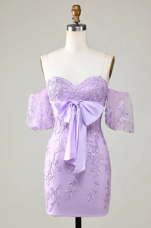 omberprom Lovely Short Homecoming Dress Purple Bodycon Sweetheart with Bowknot Graduation Dresses