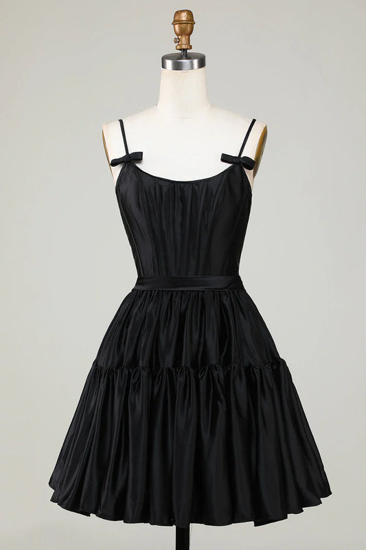 omberprom A Line Homecoming Dress Cute Spaghetti Straps Corset Ruffle with Bows Fuchsia