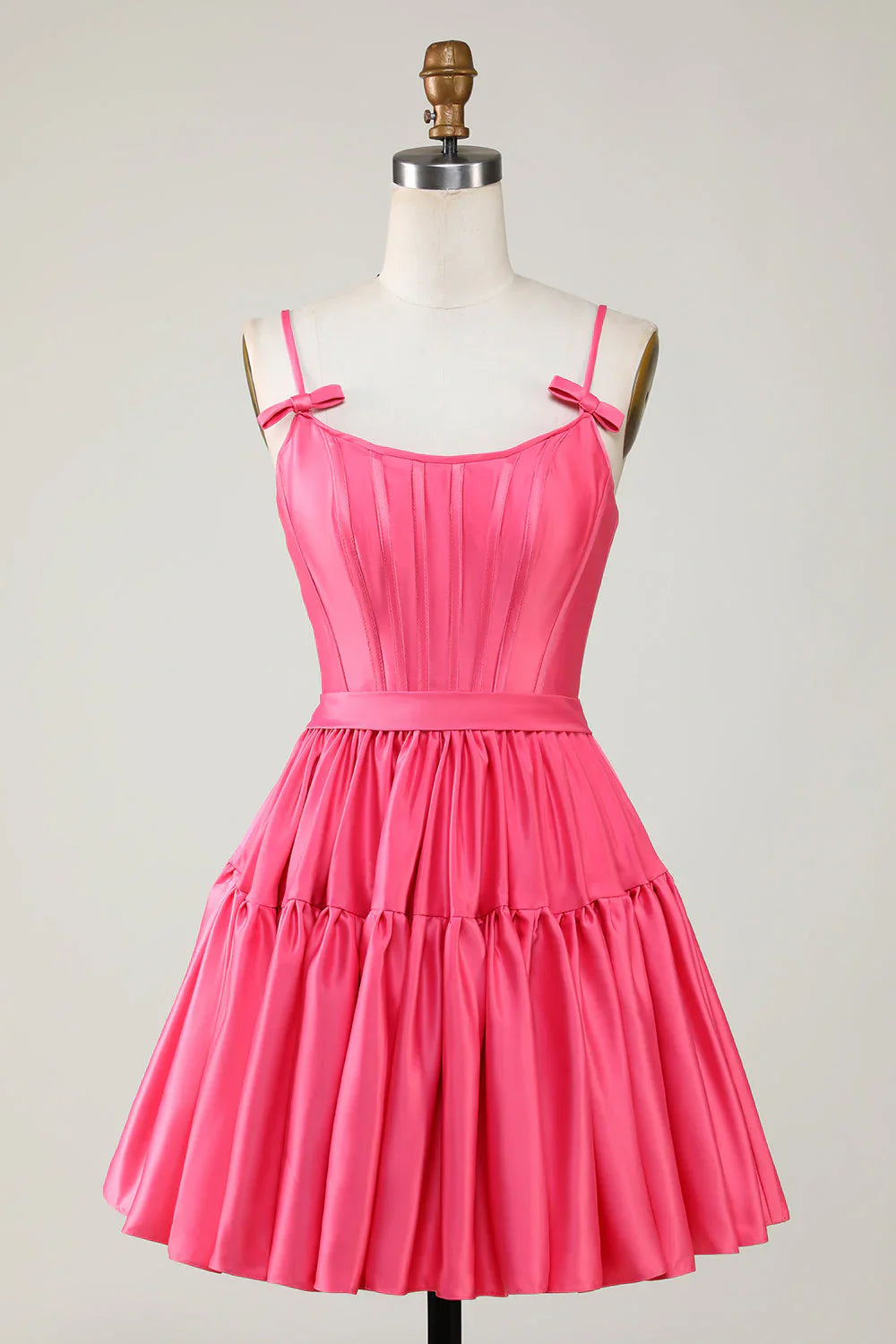 omberprom A Line Homecoming Dress Cute Spaghetti Straps Corset Ruffle with Bows Fuchsia