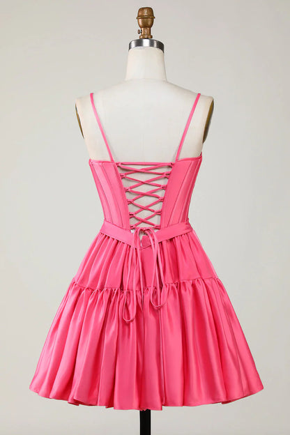 omberprom A Line Homecoming Dress Cute Spaghetti Straps Corset Ruffle with Bows Fuchsia