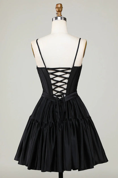 omberprom A Line Homecoming Dress Cute Spaghetti Straps Corset Ruffle with Bows Fuchsia