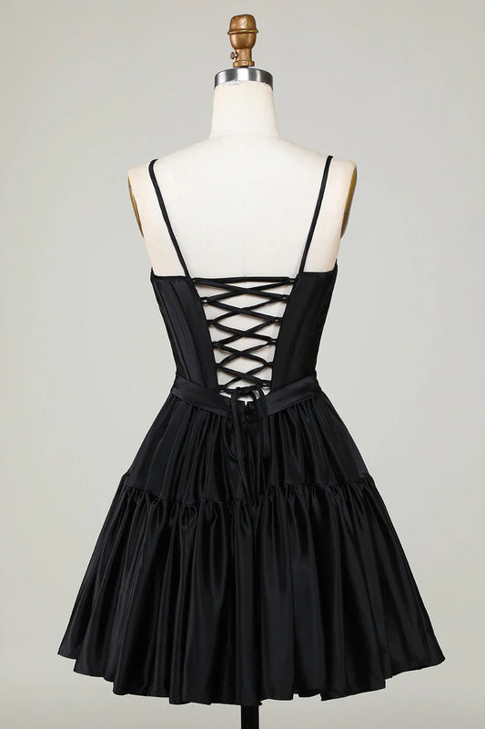 omberprom A Line Homecoming Dress Cute Spaghetti Straps Corset Ruffle with Bows Fuchsia