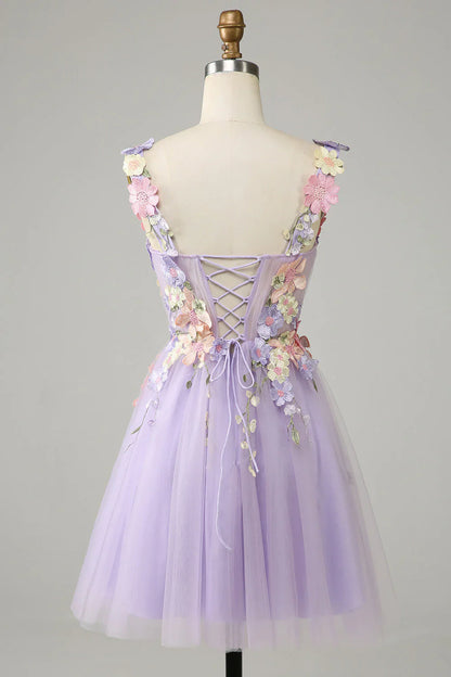 Gorgeous Light Purple 3D Flowers Tulle Design A-line Homecoming Dress TP3633