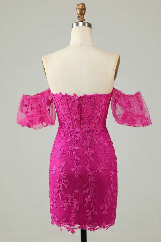 omberprom Homecoming Dress Fuchsia Sheath Off the Shoulder Graduation Dresses With Appliques