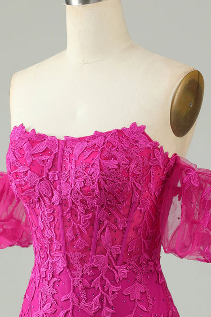 omberprom Homecoming Dress Fuchsia Sheath Off the Shoulder Graduation Dresses With Appliques