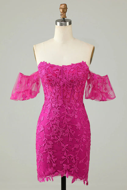 omberprom Homecoming Dress Fuchsia Sheath Off the Shoulder Graduation Dresses With Appliques
