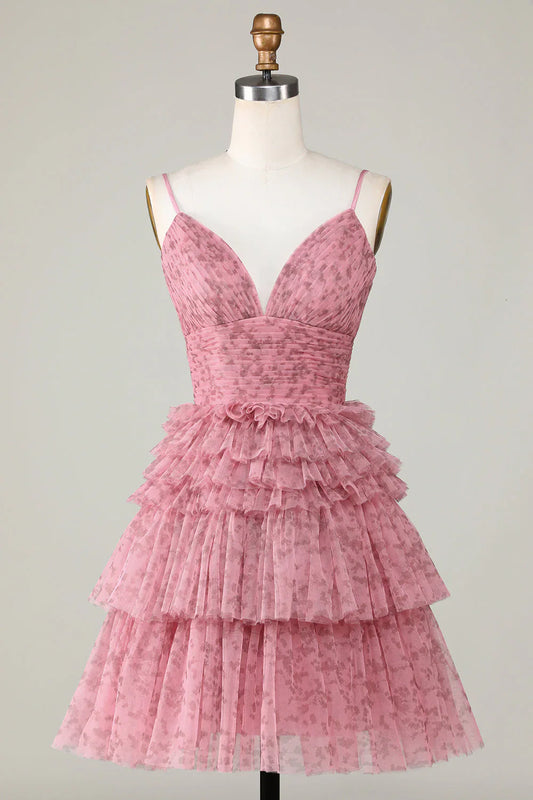 omberprom Short Homecoming Dress Cute A Line Spaghetti Straps Evening Dress with Ruffles