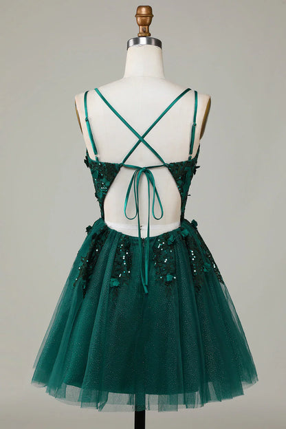 omberprom Short Homecoming Dress Dark Green Stylish A Line Spaghetti Straps with Beading