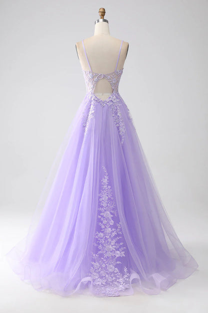 omberprom Sweet A-Line Evening Dress Spaghetti Straps Tulle Long Prom Dress with Appliques