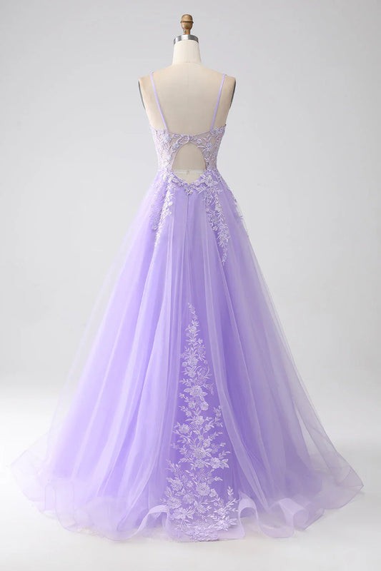 omberprom Sweet A-Line Evening Dress Spaghetti Straps Tulle Long Prom Dress with Appliques