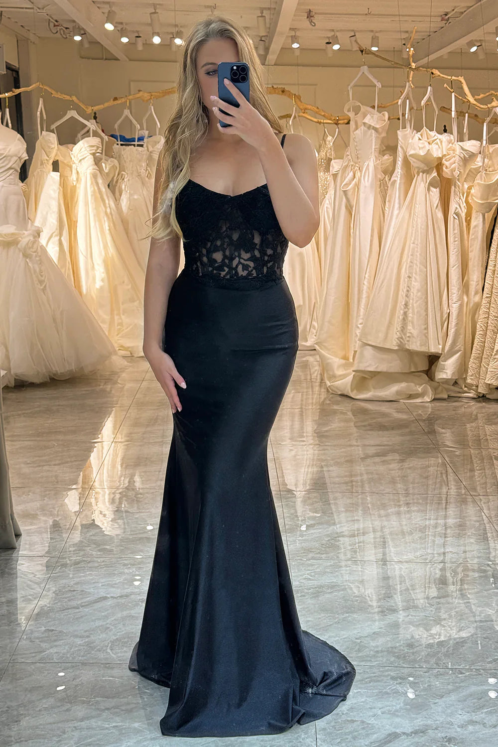 omberprom Mermaid Evening Dress Spaghetti Straps Corset Prom Dress With Appliques Black
