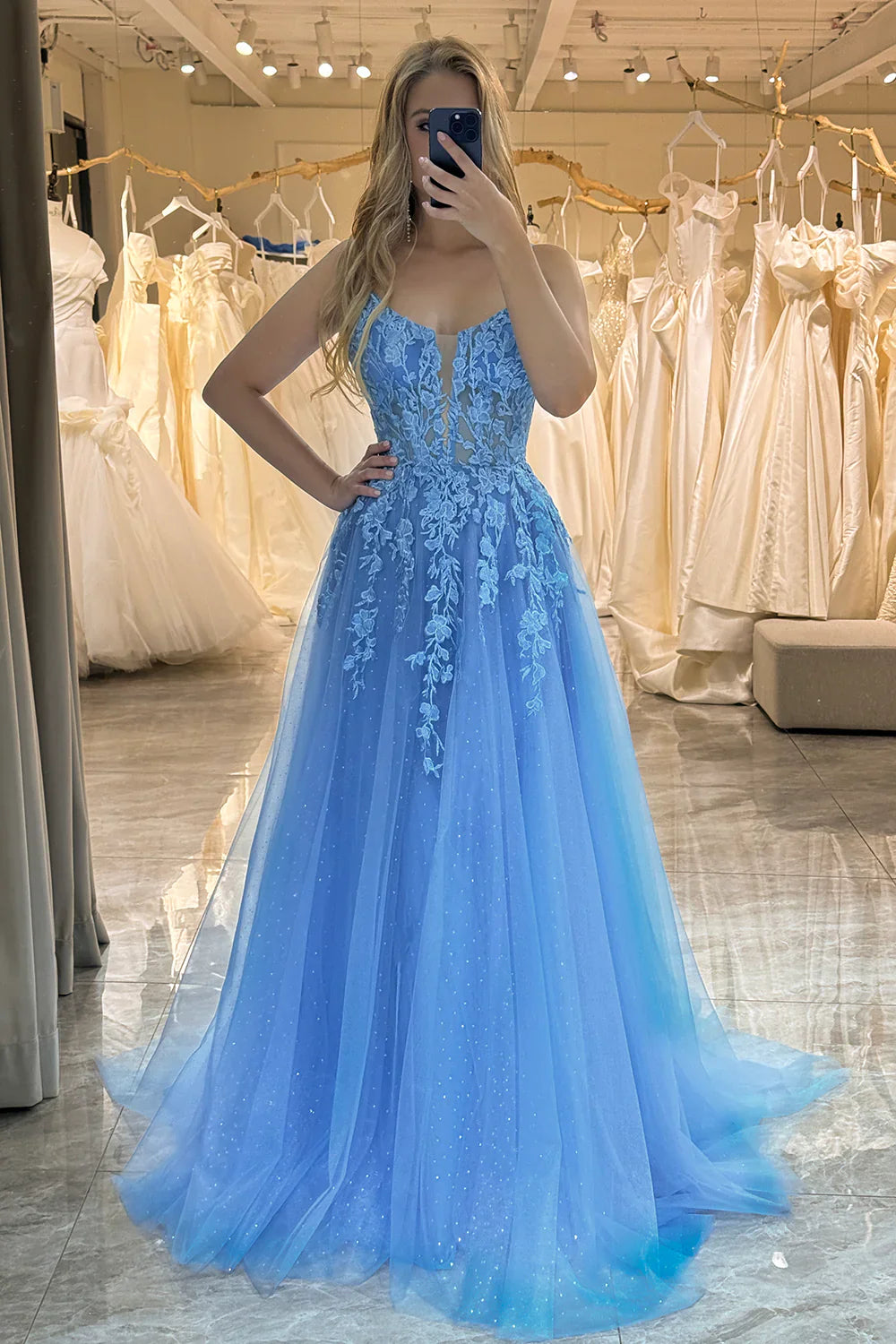 omberprom A-Line Evening Dress Spaghetti Straps Tulle Long Blue Prom Dress With Appliques