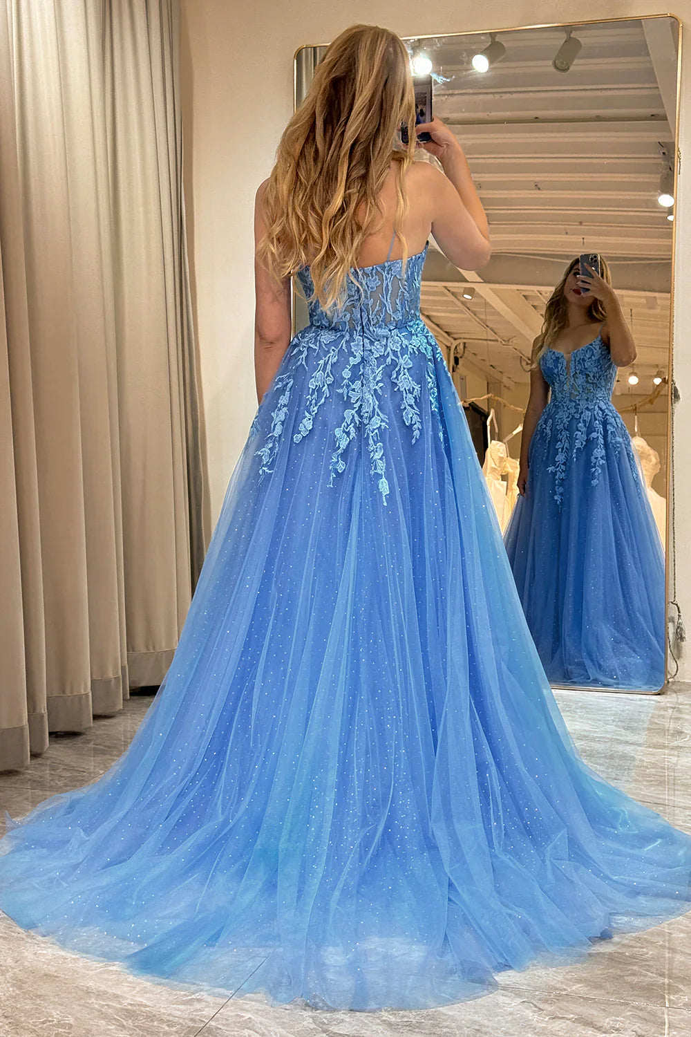 omberprom A-Line Evening Dress Spaghetti Straps Tulle Long Blue Prom Dress With Appliques