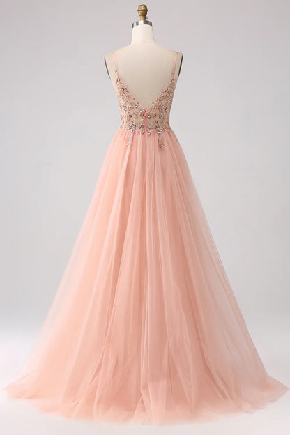 omberprom A-Line Evening Dress Spaghetti Straps Beaded Long Prom Dress With Slit Sparkly Blush