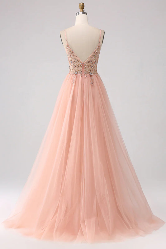 omberprom A-Line Evening Dress Spaghetti Straps Beaded Long Prom Dress With Slit Sparkly Blush