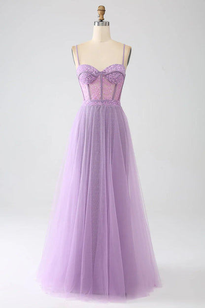 omberprom A-Line Lilac Evening Dress Spaghetti Straps Long Corset Prom Dress