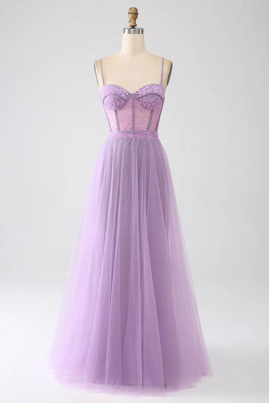 omberprom A-Line Lilac Evening Dress Spaghetti Straps Long Corset Prom Dress