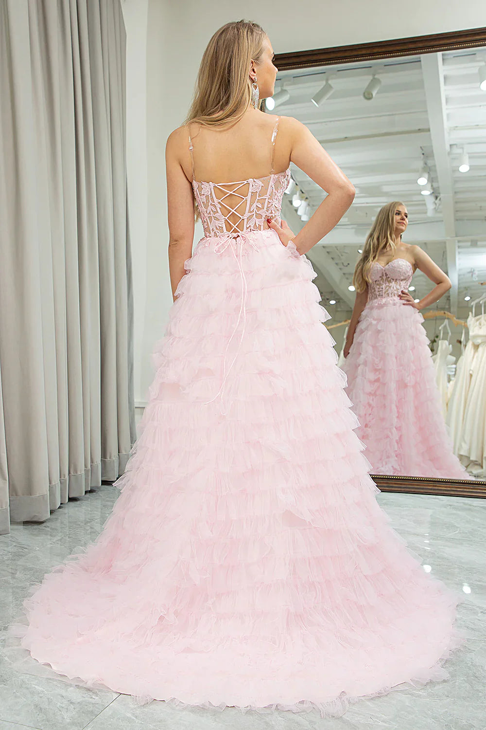 Liymcdress Princess Pink A Line Evening Dress Sweetheart Pleated Tiered Long Prom Dress