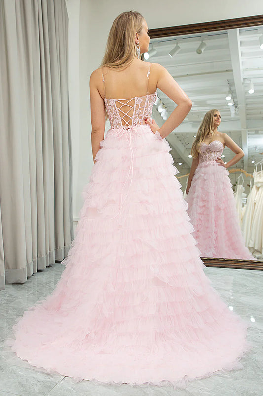Liymcdress Princess Pink A Line Evening Dress Sweetheart Pleated Tiered Long Prom Dress