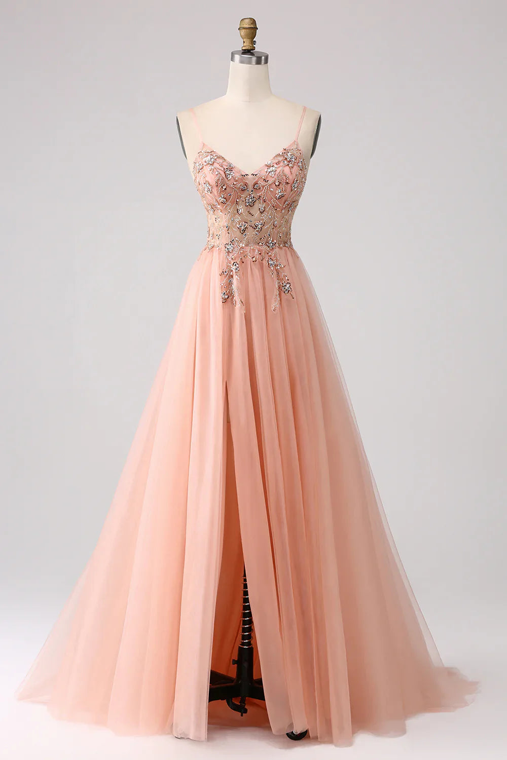 omberprom A-Line Evening Dress Spaghetti Straps Beaded Long Prom Dress With Slit Sparkly Blush