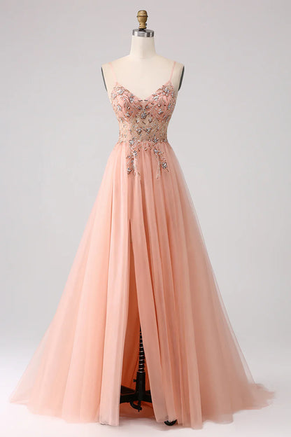 omberprom A-Line Evening Dress Spaghetti Straps Beaded Long Prom Dress With Slit Sparkly Blush