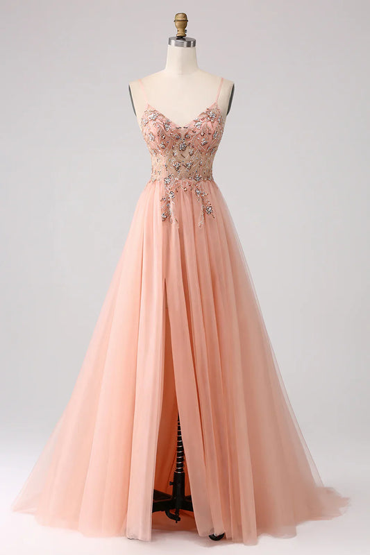 omberprom A-Line Evening Dress Spaghetti Straps Beaded Long Prom Dress With Slit Sparkly Blush