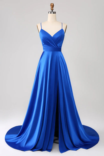 omberprom Royal Blue A Line Long Prom Dress V Neck Open Back Pleated Satin with Slit