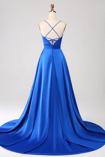 omberprom Royal Blue A Line Long Prom Dress V Neck Open Back Pleated Satin with Slit