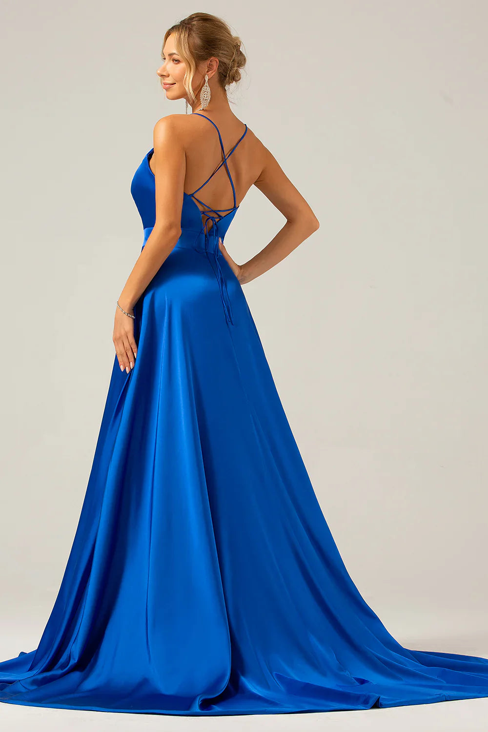 Liymcdress A Line Prom Dresses V Neck Pleated Satin Maxi Dress with Slit Royal Blue
