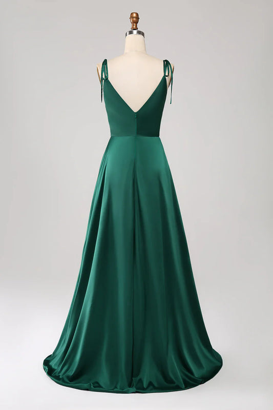 omberprom A-Line Spaghetti Straps Pleated Satin Long Dark Green Maxi Dress With Slit
