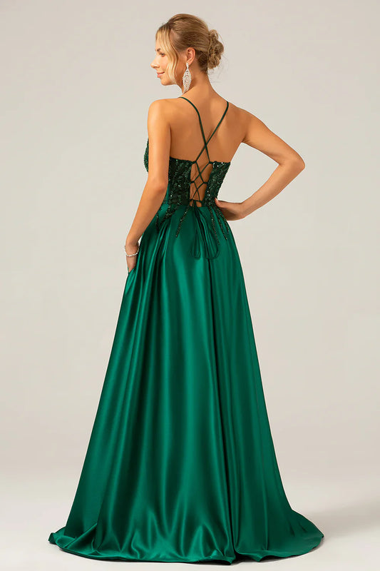 omberprom A-Line Evening Dress Spaghetti Straps Sequin Long Prom Dress Sparkly Dark Green