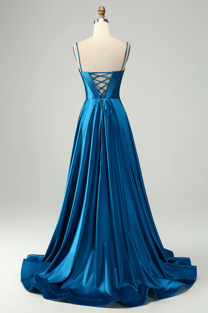 omberprom A-Line Prom Dress Spaghetti Straps Split Corset With Beading Dark Blue
