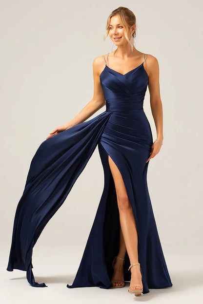 omberprom Burgundy Mermaid Prom Dresses Spaghetti Straps Pleated Sequin Maxi Dress With Slit