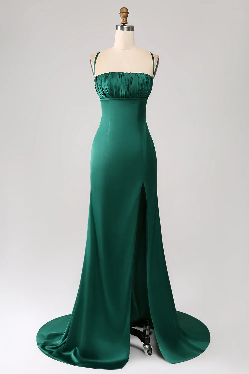 omberprom Prom Dresses Dark Green Sheath Spaghetti Straps Pleated Maxi Dress With Slit