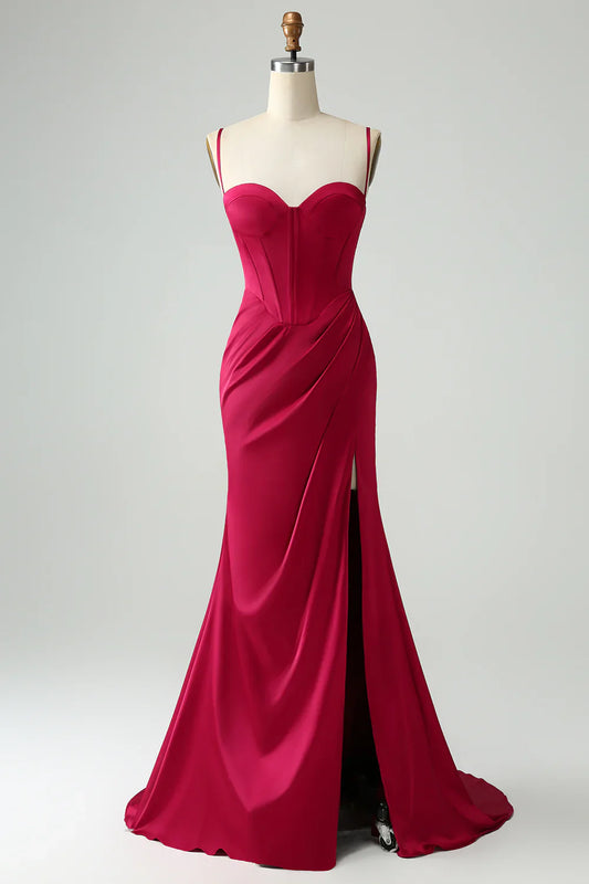 omberprom Burgundy Mermaid Evening Dress Spaghetti Straps Pleated Prom Dress With Slit