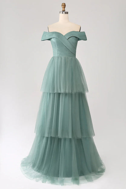 omberprom Grey Green Prom Dresses A-Line Off The Shoulder Pleated Tiered Maxi Dress